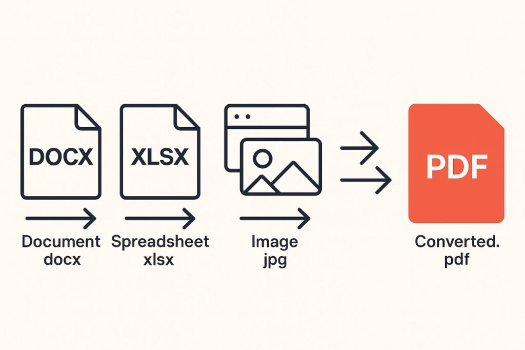 Conversion of DOCX, XLSX, and image files to PDF format illustrated with icons.