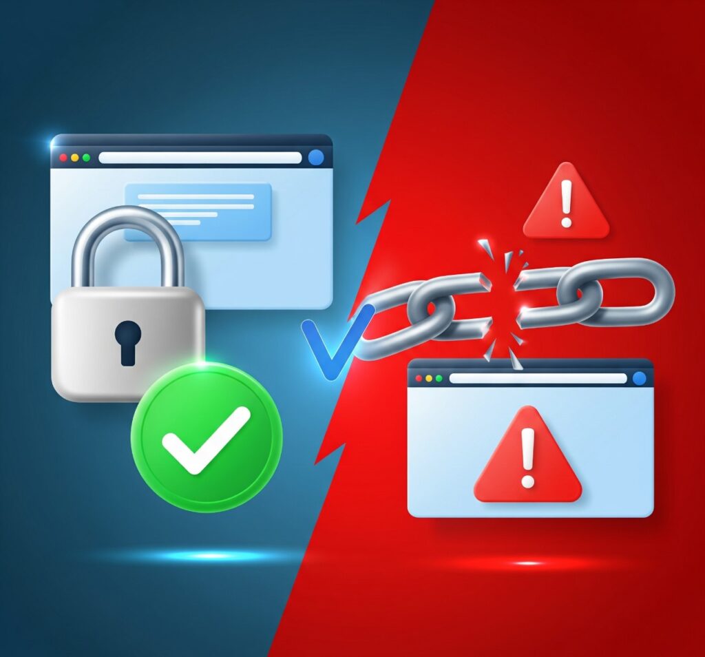 Infographic showing how to identify safe vs suspicious websites with HTTPS, padlock icons, and trust seals