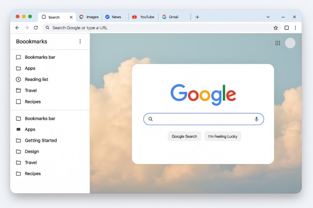 Modern Google Chrome 2025 browser window displaying bookmarks and reading list with a customizable background.