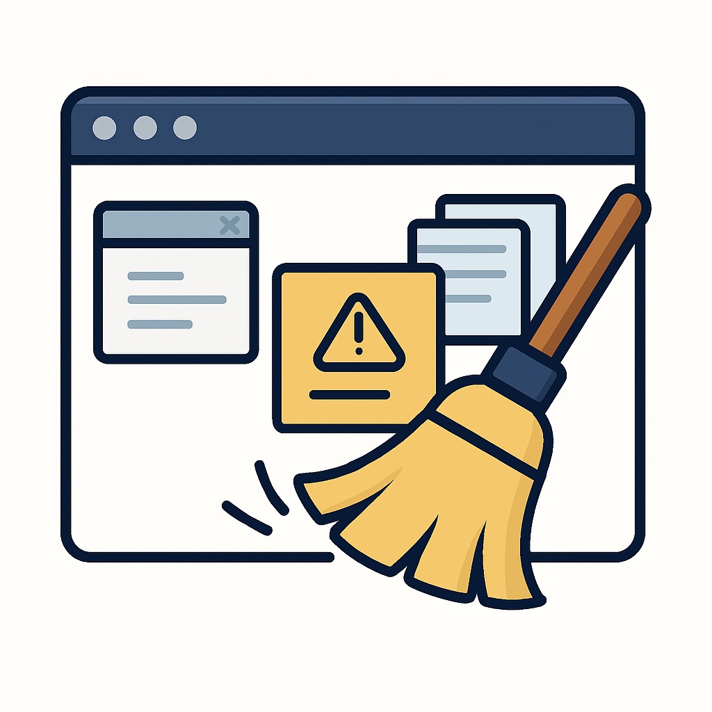 Illustration of a browser window with a broom sweeping away warning icons and pop-ups, symbolizing clearing cache and cookies for better browser performance and privacy.