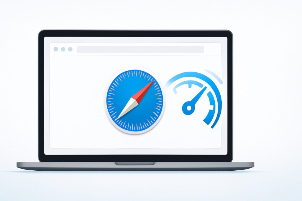 MacBook displaying Safari browser with compass logo and speedometer overlay symbolizing increased browsing speed