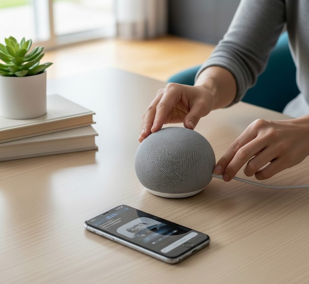 Alexa and Google Nest smart speakers on a table with smartphone showing setup interface
