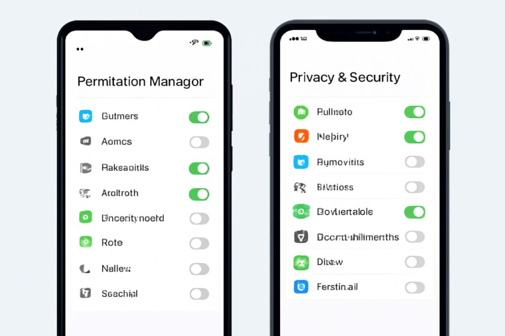Side-by-side screenshot illustration of Android Permission Manager and iPhone Privacy & Security app settings screens