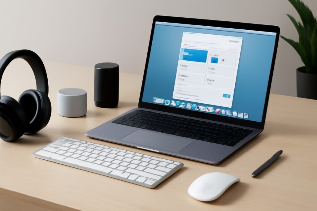 Modern workspace setup with laptop, wireless keyboard, mouse, headphones, and smart speakers on a wooden desk, resized to 16:9 aspect ratio.