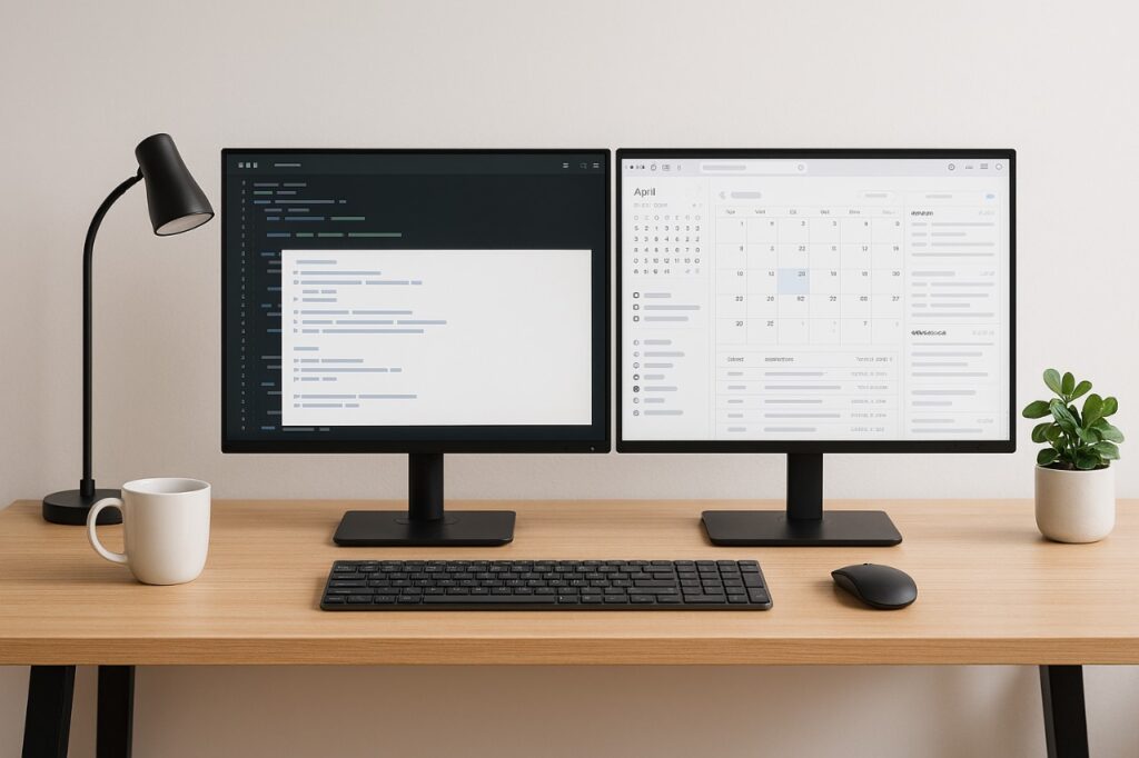 Illustration of a dual monitor setup on a desk, with a keyboard, mouse, monitor arm, and a plant. One screen displays a checkmark, the other a document icon, emphasizing increased productivity.