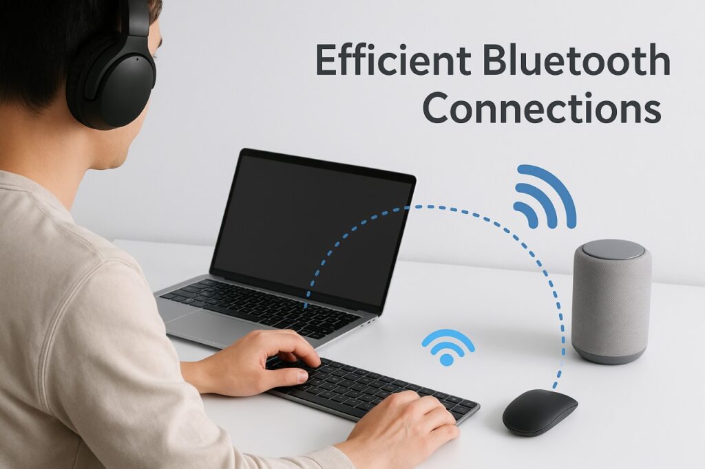 Person using wireless headphones, keyboard, and mouse connected to a laptop via Bluetooth technology for efficient and seamless connections.