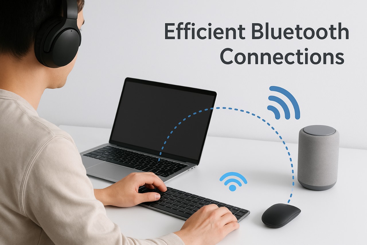 Person using wireless headphones, keyboard, and mouse connected to a laptop via Bluetooth technology for efficient and seamless connections.