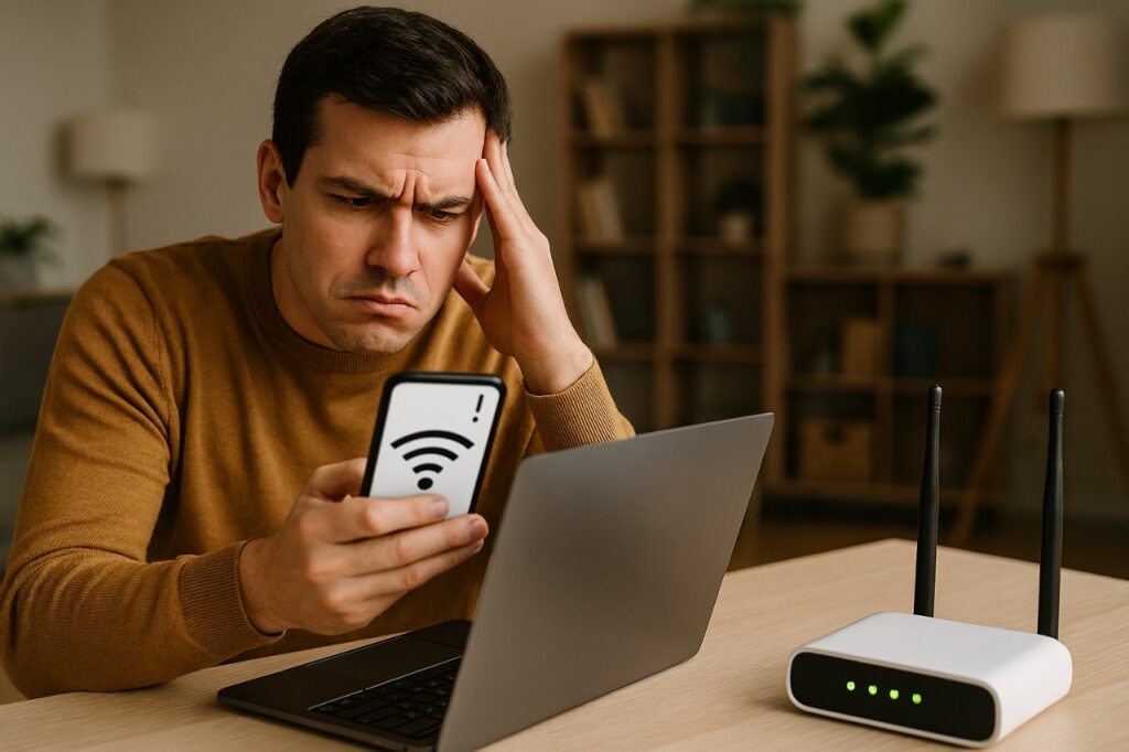Person holding smartphone with Wi-Fi symbol next to wireless router and laptop, illustrating home Wi-Fi troubleshooting and fixing connectivity issues