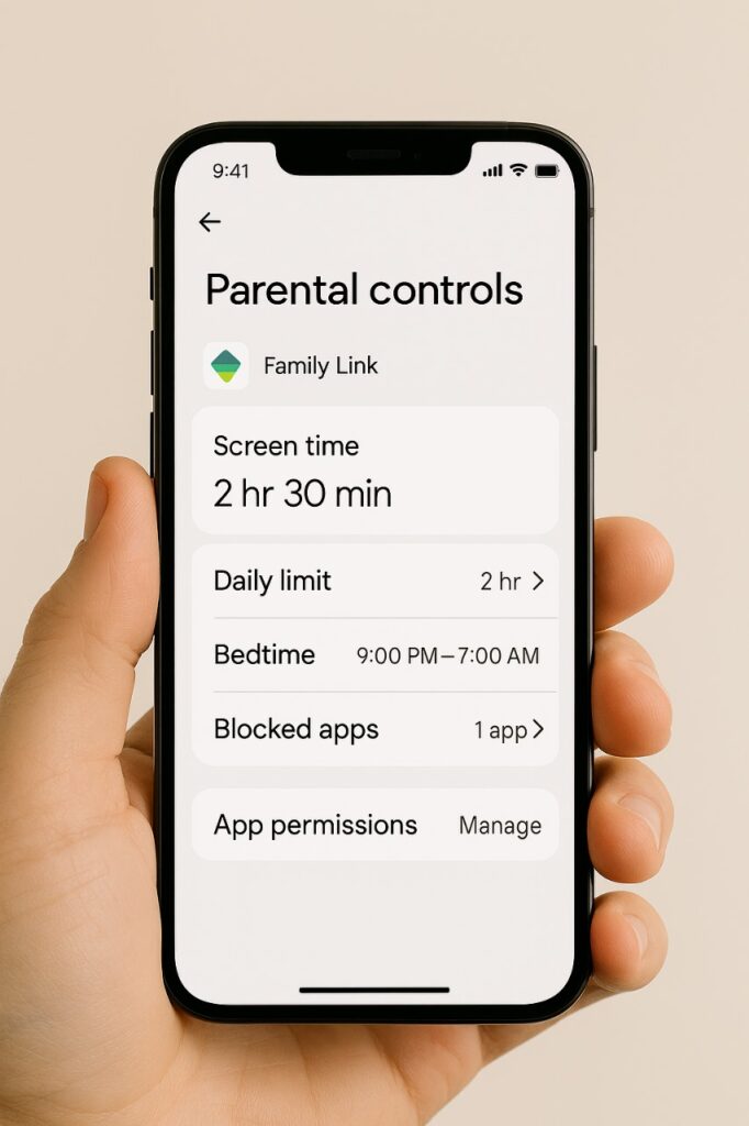 Smartphone displaying Google Family Link parental controls, showing screen time limits, app permissions, and bedtime settings for kids’ digital safety.