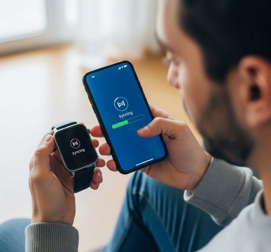 Hands syncing a smartwatch with a smartphone, showing syncing progress on both devices, illustrating easy device connection and notification setup.