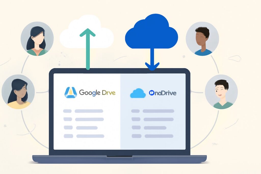 Illustration of a laptop screen displaying Google Drive and OneDrive interfaces side by side with cloud icons, arrows for file upload/download, and avatars representing file sharing and collaboration.