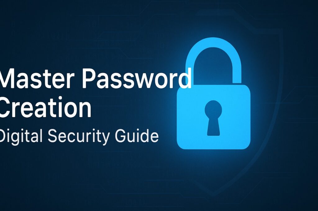 Illustration of a blue digital lock with text 'Master Password Creation – Digital Security Guide' on a tech-themed background.