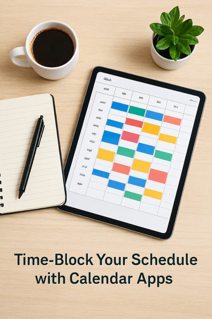 Time-blocking schedule example using calendar apps with color-coded blocks for deep work, meetings, breaks, and project work.