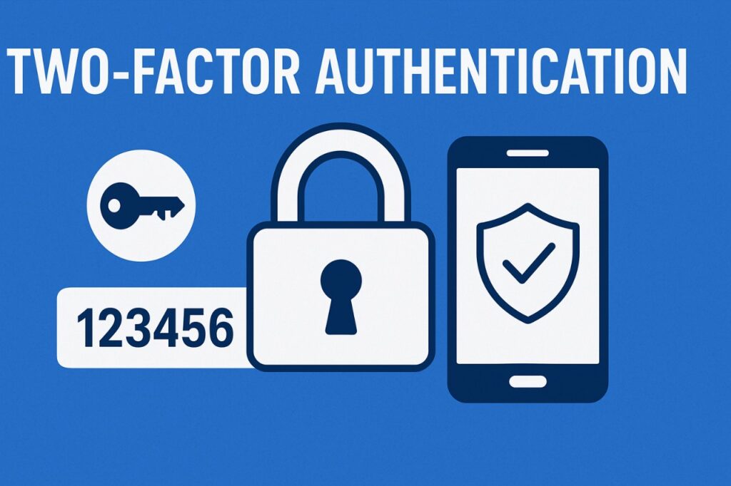 Illustration showing two-factor authentication with a password/code, a padlock, and a smartphone displaying a security shield. It represents enhanced digital security.