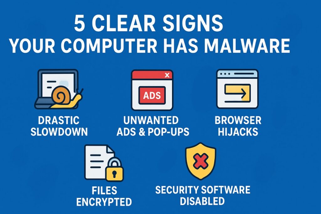 Infographic showing the 5 clear signs your computer has malware, including slowdown, unwanted ads, browser hijacks, encrypted files, and disabled security software.