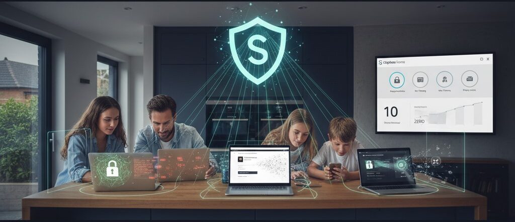 Family using laptops and tablets protected by advanced antivirus software with AI-powered security shield at home.