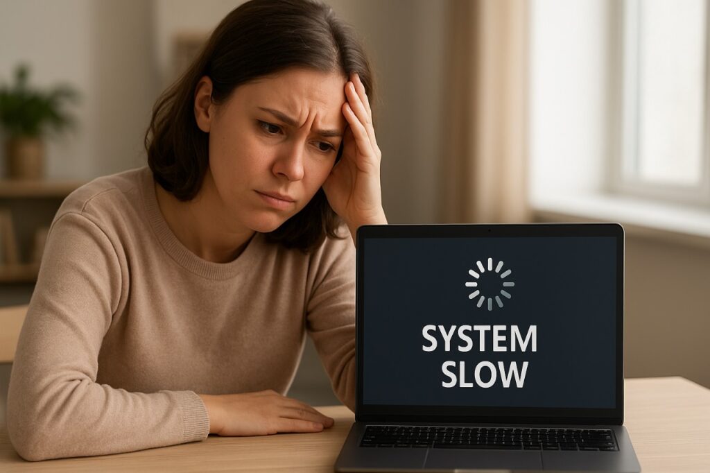 User troubleshooting slow laptop performance at home with system slow alert on screen.