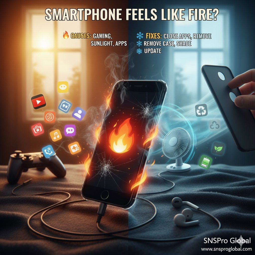 Illustration of a hot, cracked smartphone on fire and a cool phone, with text "Smartphone Feels Like Fire? Causes: Gaming, Sunlight, Apps. Fixes: Close Apps, Remove Case, Shade, Update.