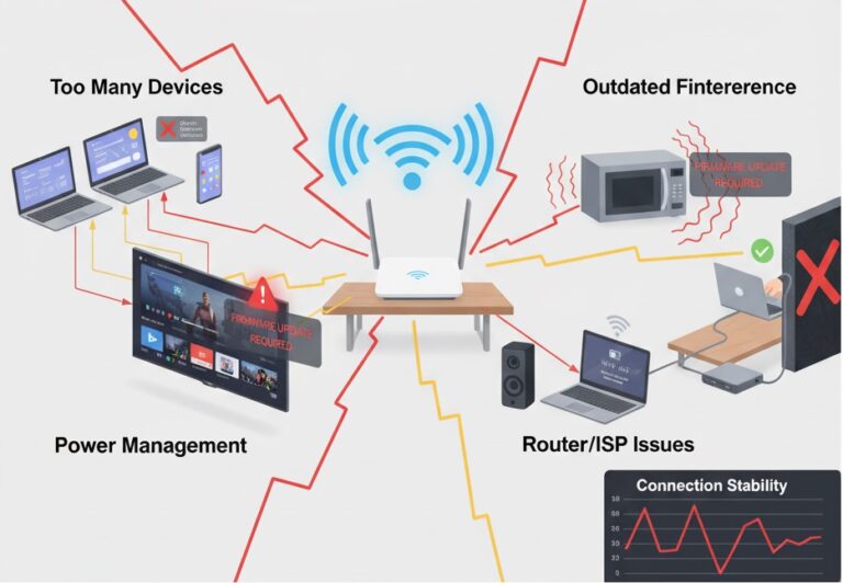 Infographic illustrating reasons for WiFi disconnecting despite a strong signal.