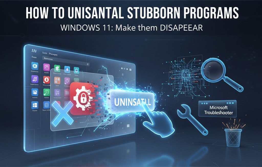 how to force uninstall a stubborn program on Windows 11, with visual elements representing uninstall methods like a settings interface, a Microsoft Troubleshooter tool, and a glowing 'UNINSTALL' button.