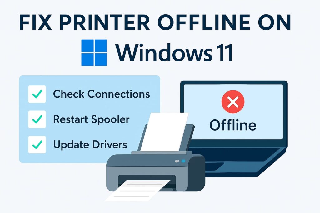 Illustration showing how to fix printer offline error on Windows 11 with checklist and troubleshooting icons
