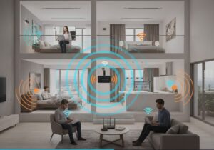 An image showing a wireless router centrally placed in a modern, multi-story home, emitting strong Wi-Fi signals (blue, yellow, and orange waves) to people using computers and tablets in different rooms (living room, kitchen, and upstairs bedroom). The caption reads 'Improve Home Wi-Fi Coverage Simple Affordable Tips'.