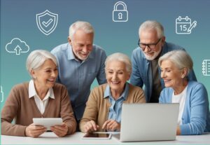Group of smiling seniors learning how to use a tablet to create a strong, easy password. Illustrates simple password and account safety steps for older adults.