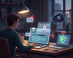 A conceptual 3D illustration of a home computer on a desk being approached by digital threats like malicious red envelopes and fake warning symbols, while a blue glowing shield protects the device.