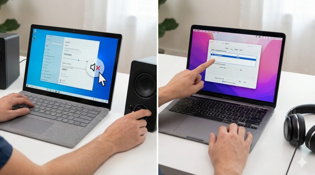 A side-by-side comparison of Windows and Mac audio settings screens showing how to select the correct speakers and adjust volume levels to fix sound issues.