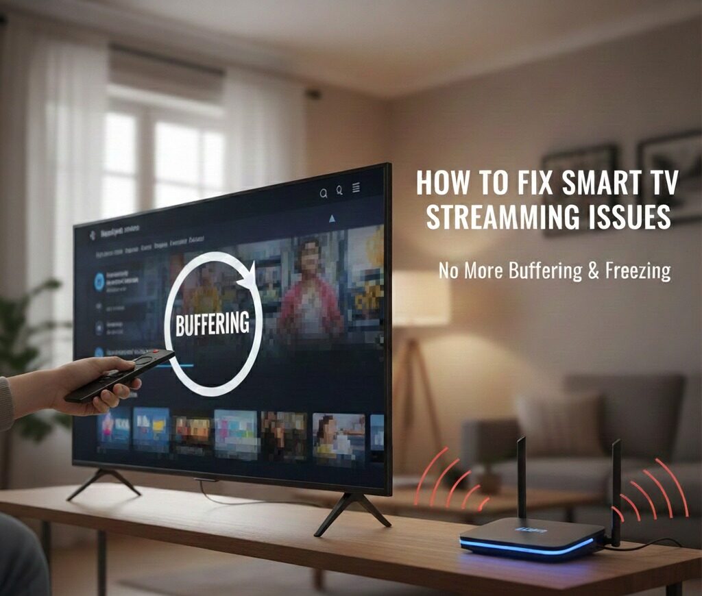 Smart TV buffering while streaming due to weak Wi-Fi connection, showing how to fix smart TV streaming issues at home