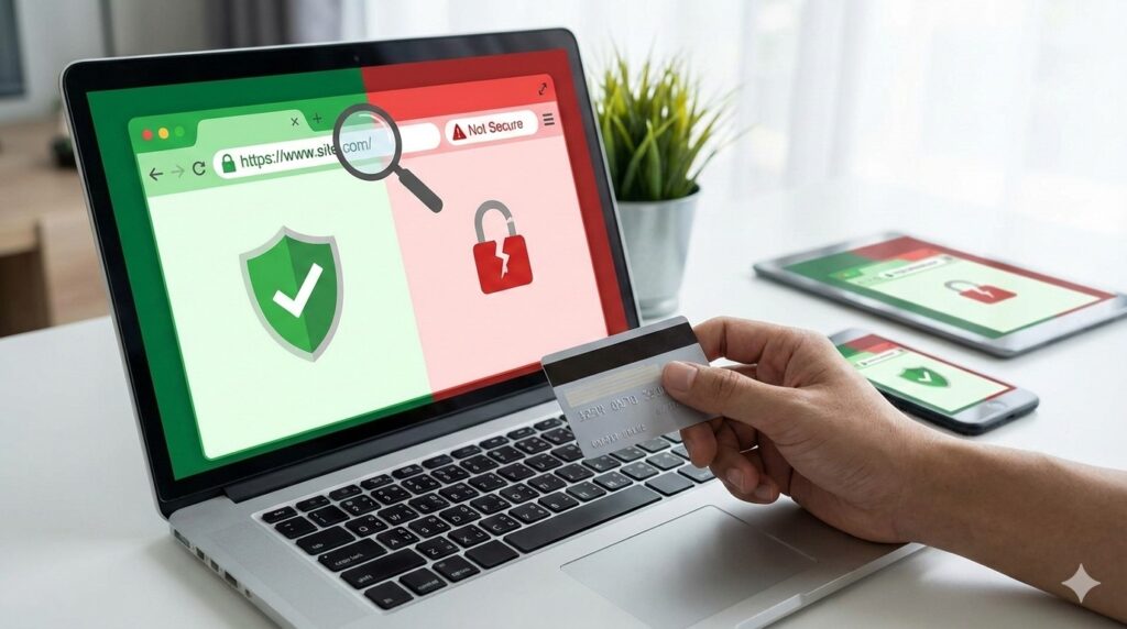 A person holding a credit card looking at a laptop screen showing a comparison between a safe website with a green shield and a suspicious website with a red broken padlock.