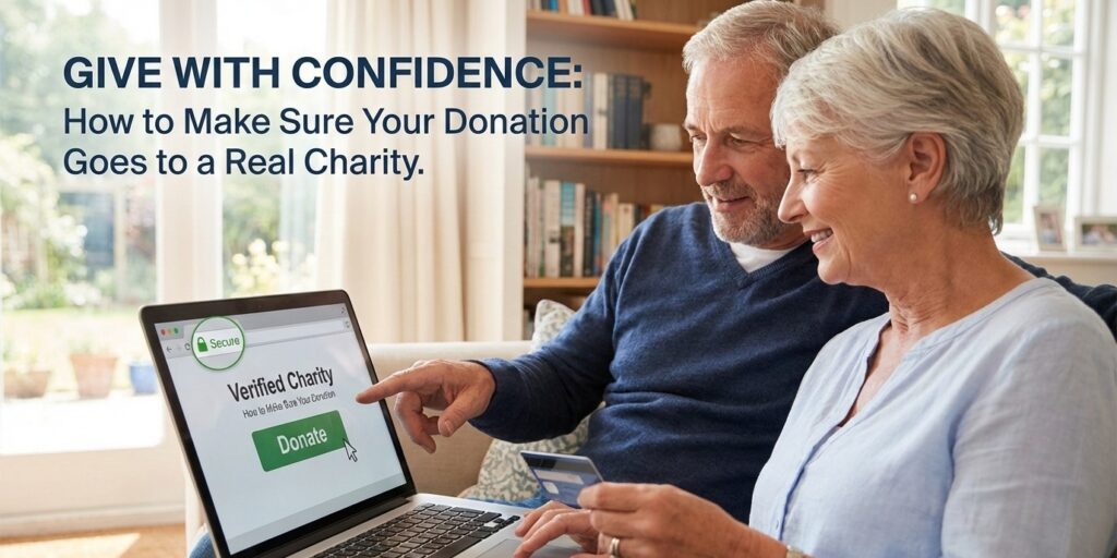 A senior couple smiling and holding a credit card while looking at a laptop screen displaying a verified charity website with a donate button.