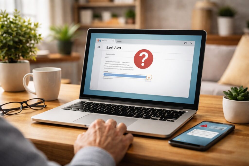 A home laptop on a desk protected by a glowing blue digital shield, blocking red malicious icons like fake envelopes and warning symbols that represent phishing and malware threats.
