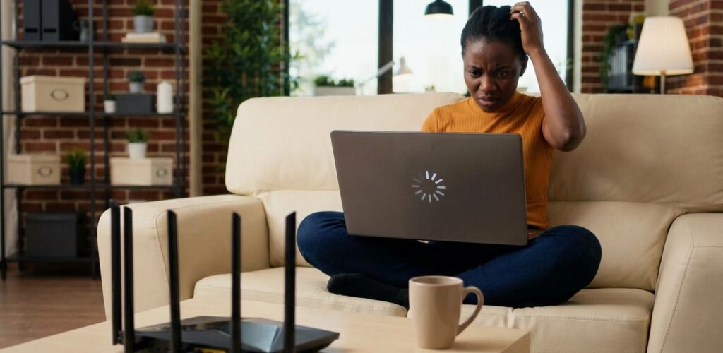 A frustrated person sitting on a couch with a laptop showing a loading icon while sitting near a Wi-Fi router, illustrating home internet slowdowns.