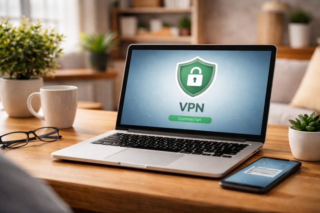 Calm home workspace with a laptop showing a secure internet connection, representing safe and private online use at home.