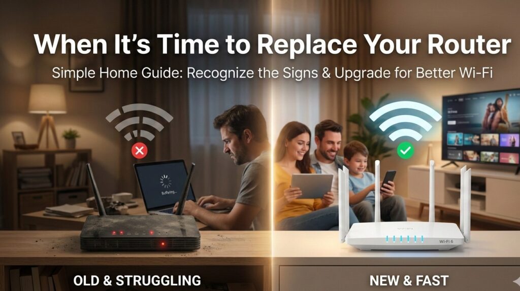 Side-by-side image showing an old, struggling home Wi-Fi router compared with a newer, faster router providing strong and reliable internet.
