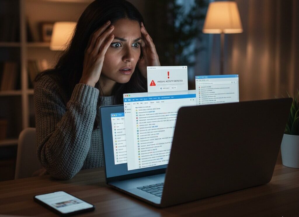 A worried woman looking at a laptop screen showing unusual email activity and security alerts at night.