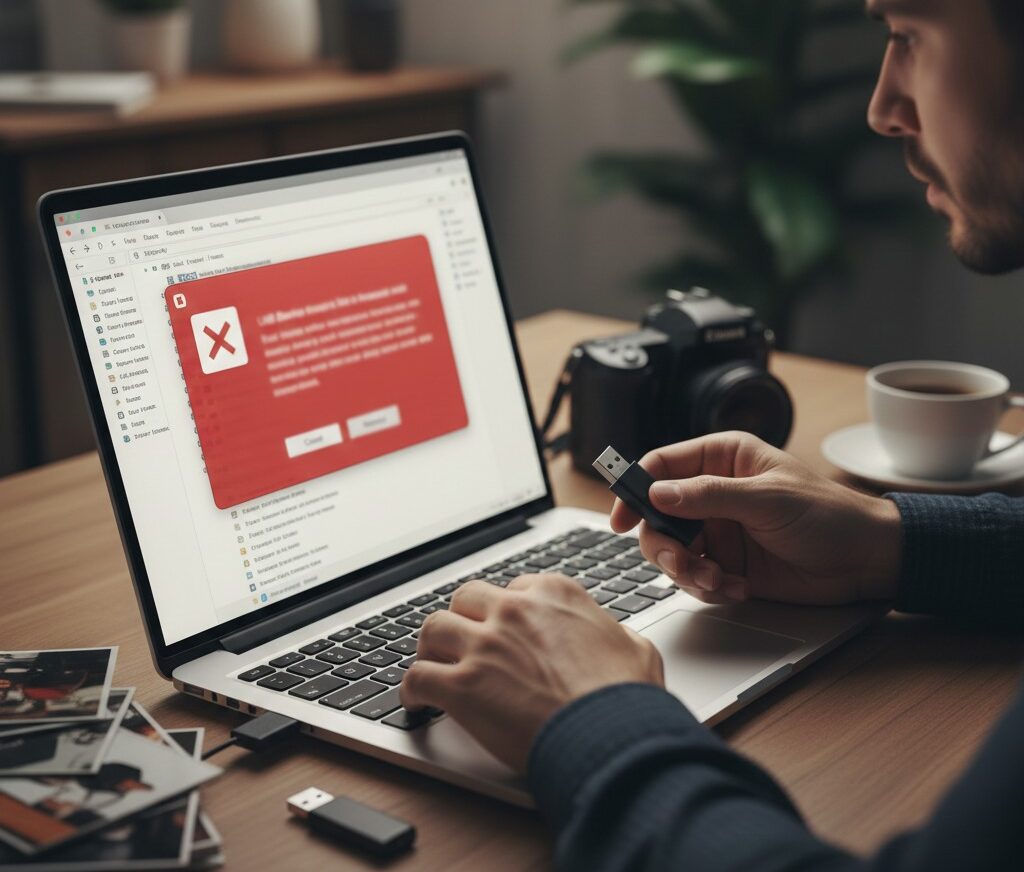 A person holding a USB flash drive in front of a laptop displaying a red "USB Device Not Recognized" error message on a wooden desk.