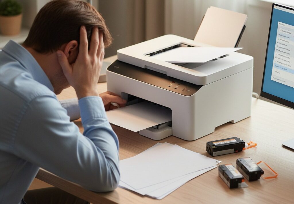 A frustrated man sitting at a desk with his head in his hands, looking at a printer that has produced several blank pages next to open ink cartridges.