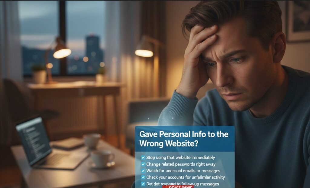 A concerned man looking at a laptop with a checklist overlay showing immediate steps to take after sharing personal information on an unsafe website.