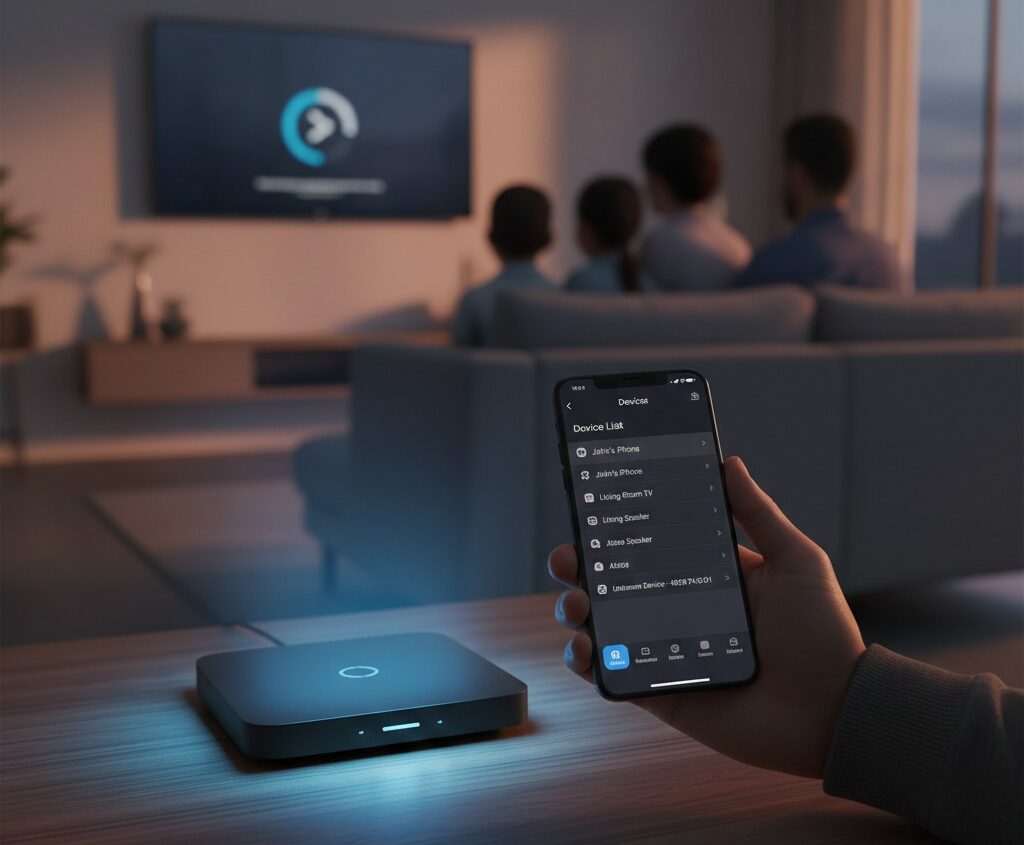 A person holding a smartphone showing a list of connected Wi-Fi devices next to a modern router in a living room.