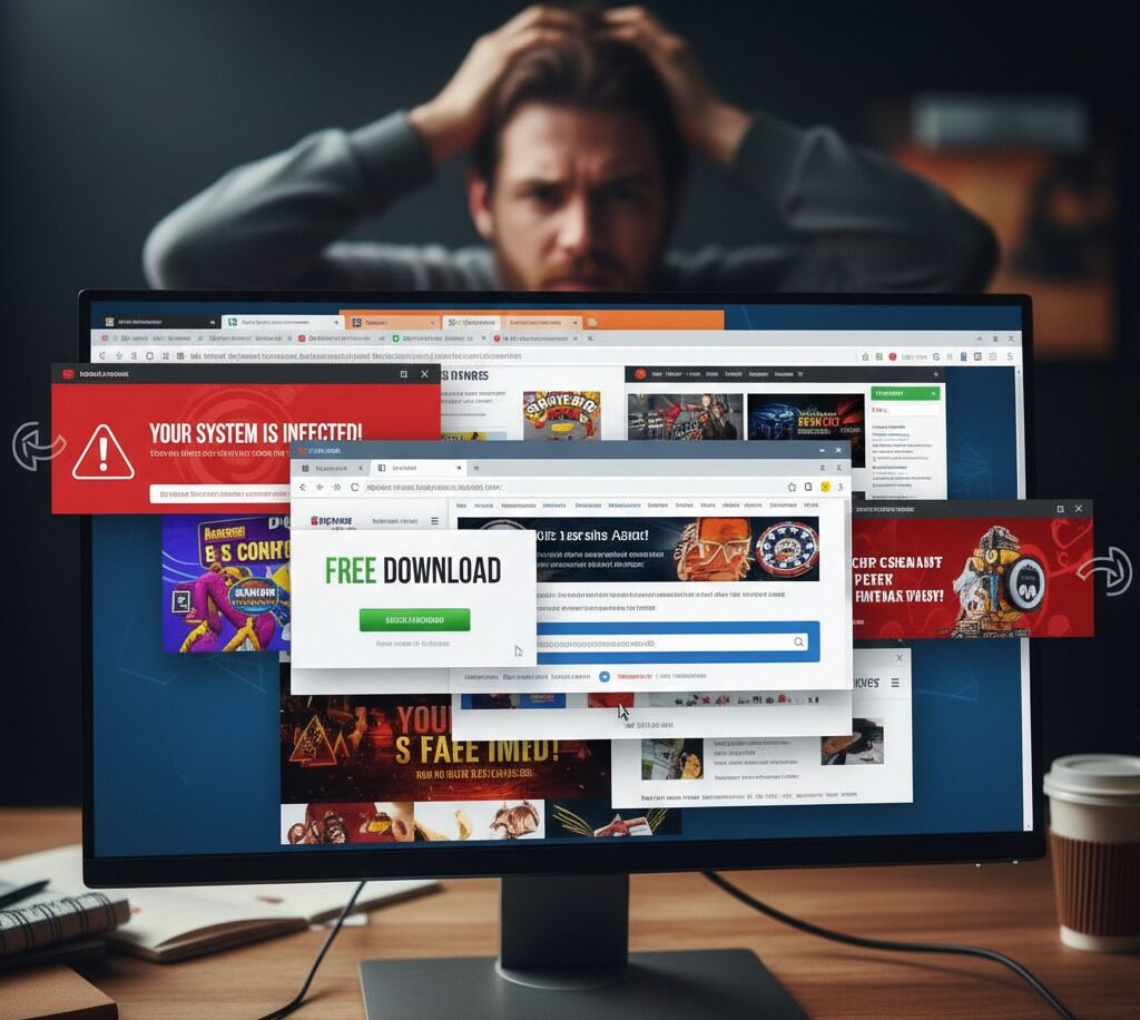 A frustrated computer user looking at a monitor filled with multiple browser pop-ups, fake security alerts, and "free download" redirect windows.