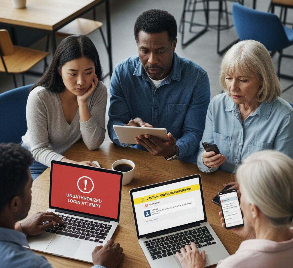 A diverse group of people sitting at a table looking concerned at laptops and smartphones displaying red and yellow security warning alerts.