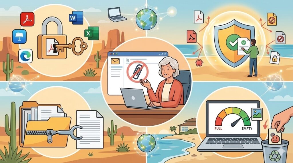 Illustration of a woman in a home office troubleshooting email attachment issues like missing software, security blocks, and full storage.