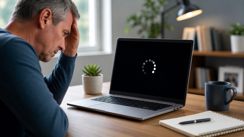 Man looking frustrated at laptop restarting randomly showing loading screen at home workspace