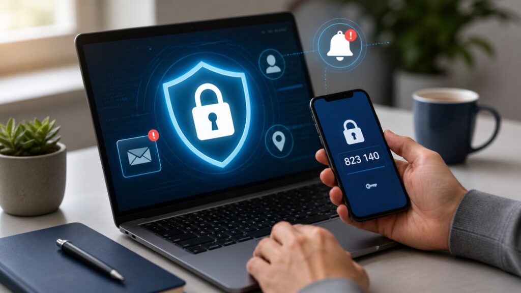 Unusual activity alert on laptop with two-factor authentication code on smartphone showing account security protection