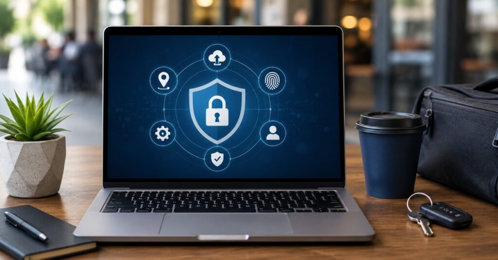 Windows laptop showing security protection settings on a café table with personal belongings nearby